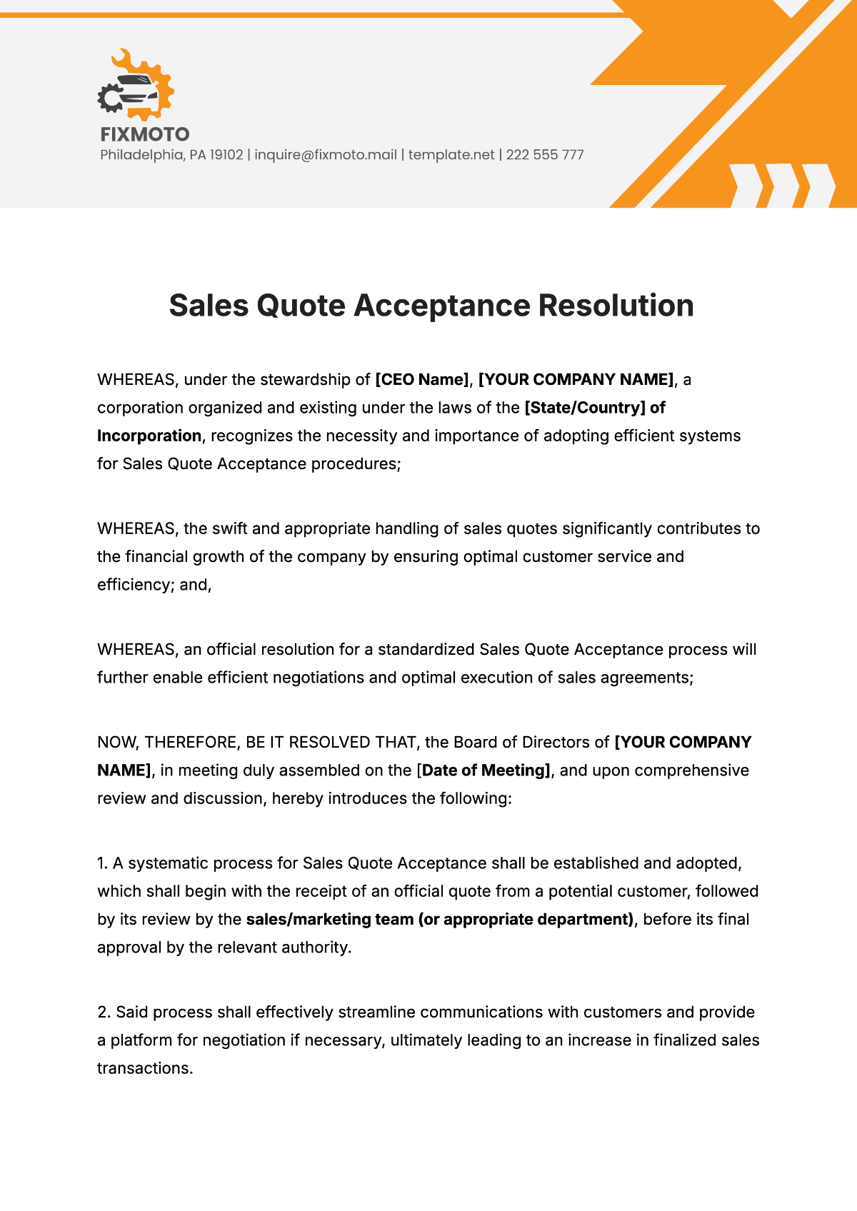 Sales Quote Acceptance Resolution Template - Edit Online & Download