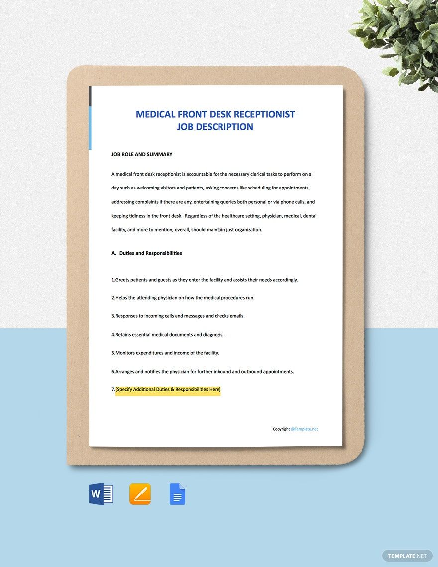 Medical Front Desk Receptionist Job Ad Description Template Download 