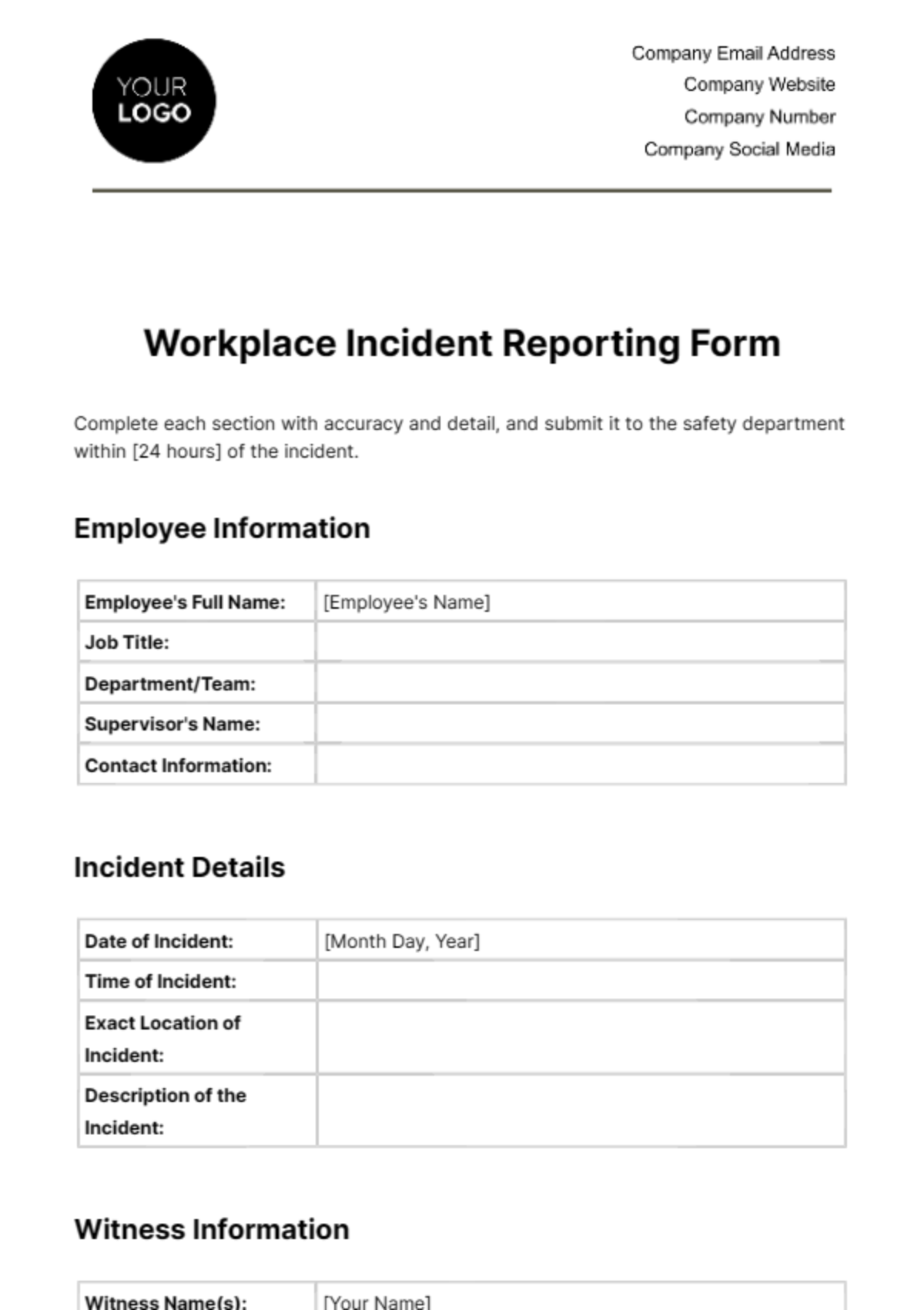 Workplace Incident Reporting Form Template