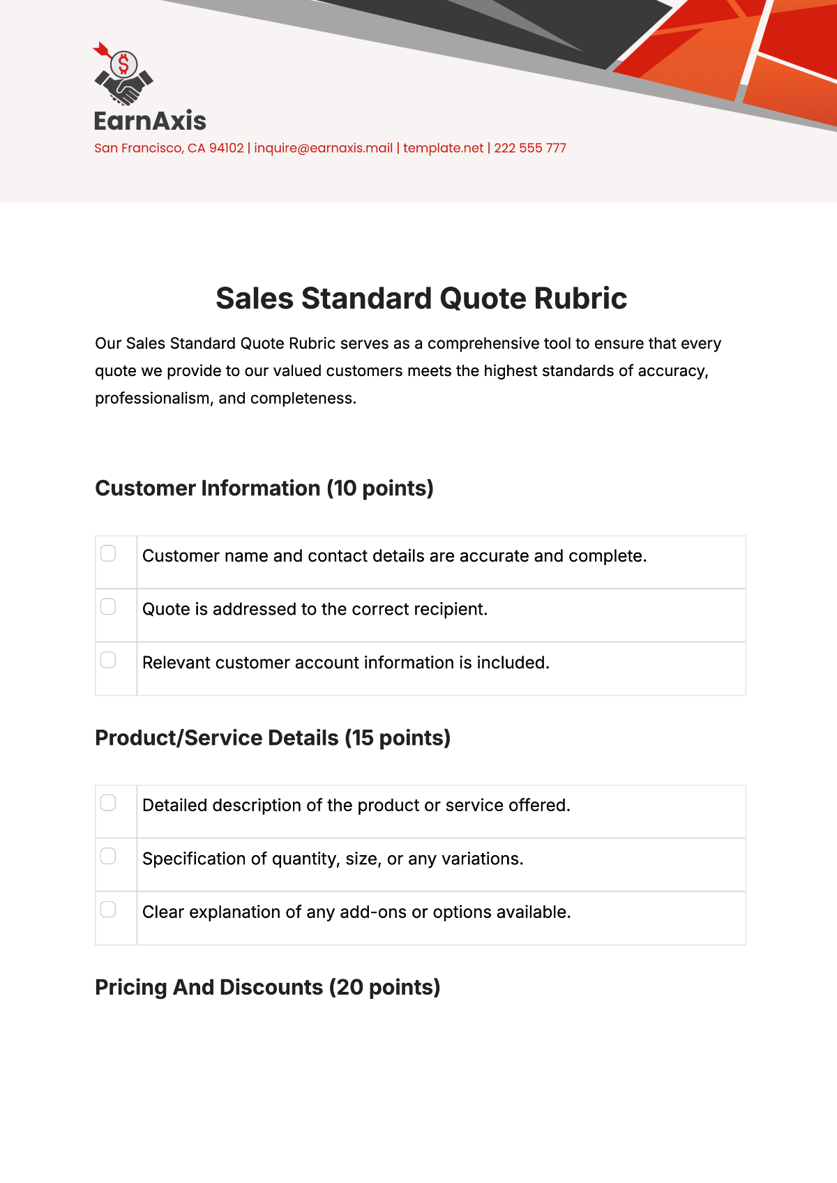 Sales Standard Quote Rubric Template - Edit Online & Download