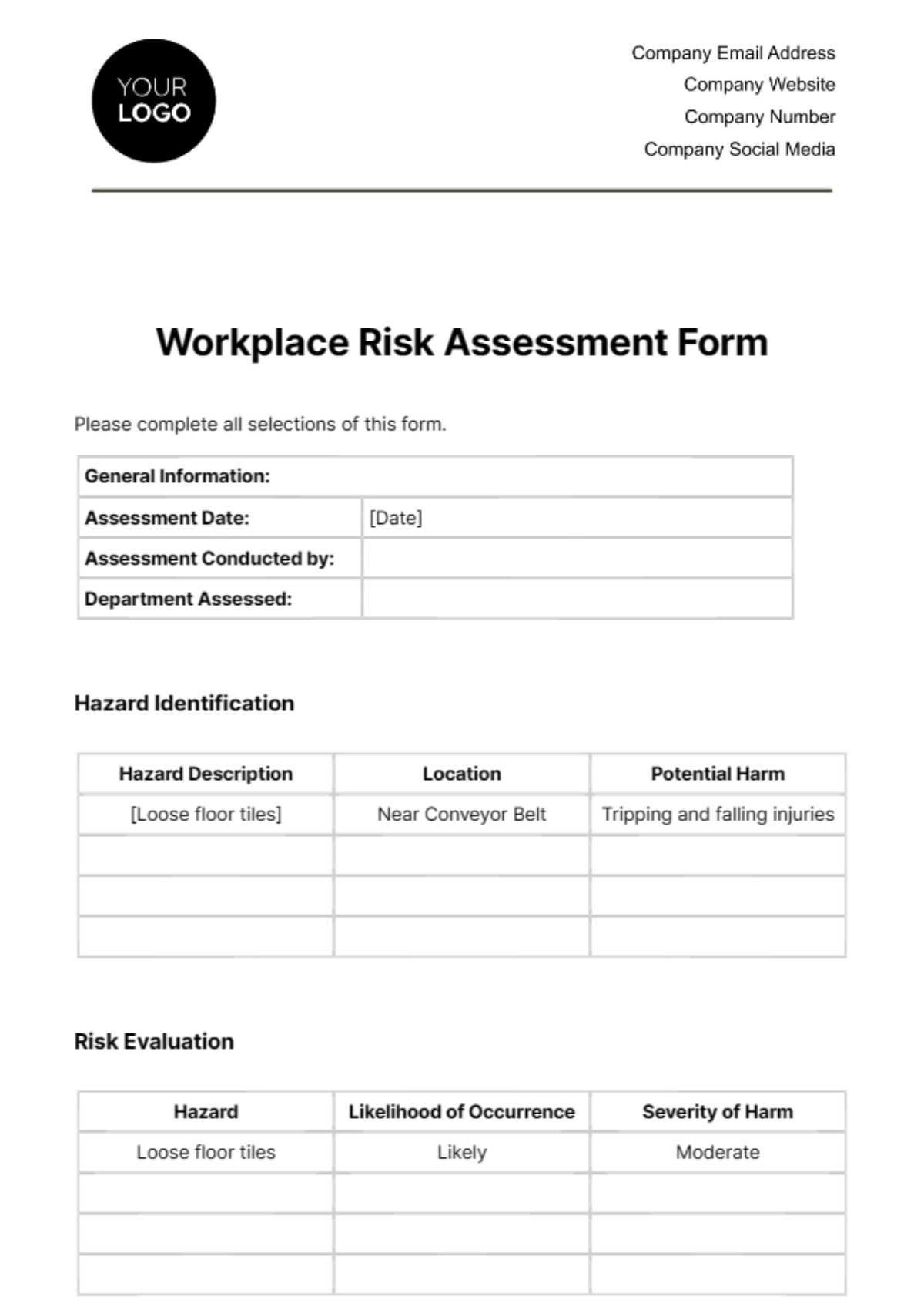 Workplace Risk Assessment Form Template