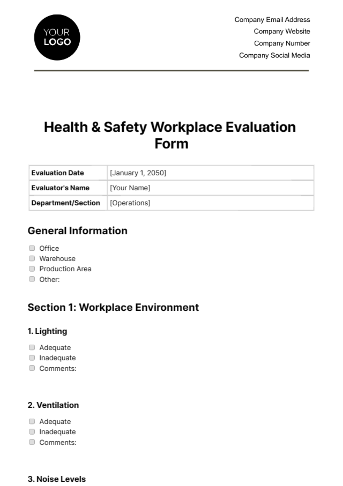 Health & Safety Workplace Evaluation Form Template