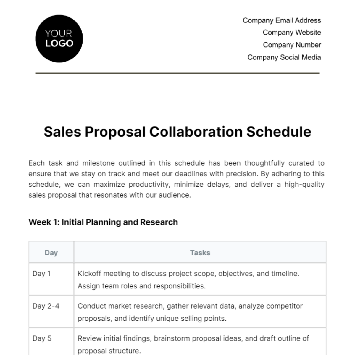 Sales Proposal Collaboration Schedule Template