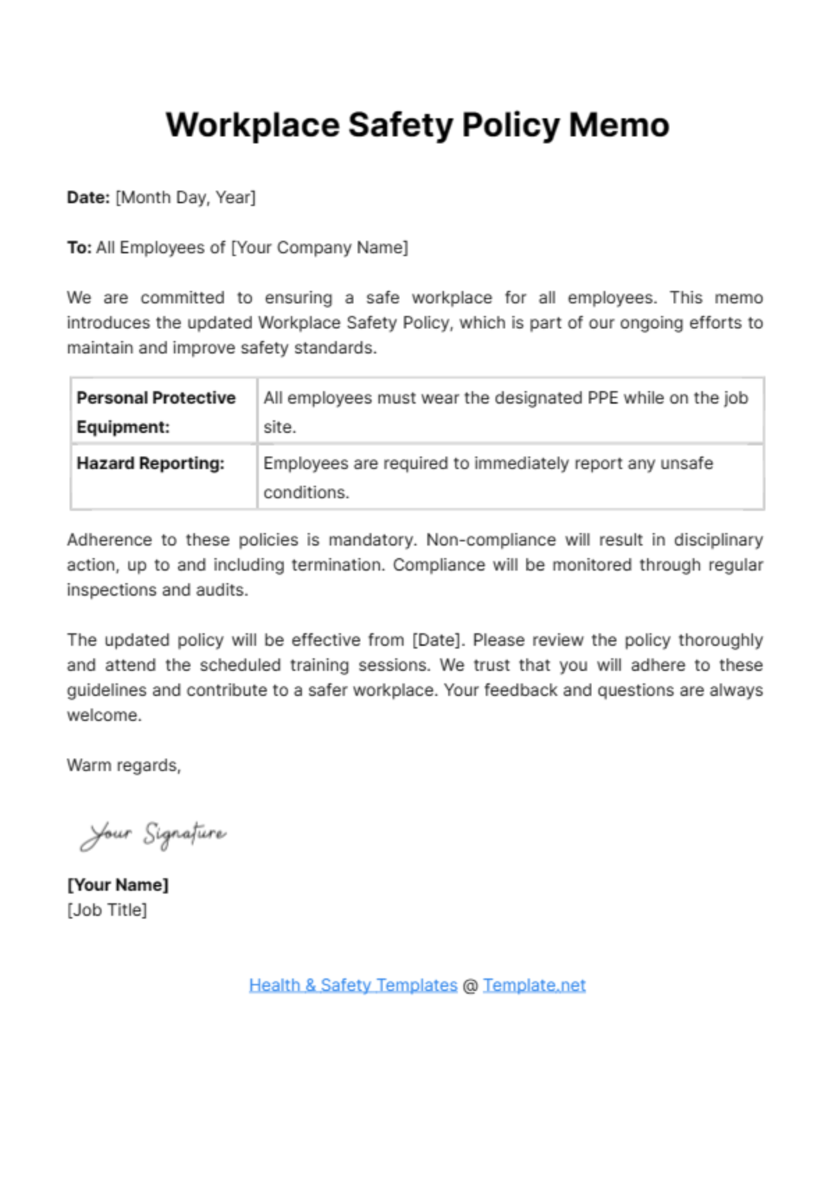 Workplace Safety Policy Memo Template
