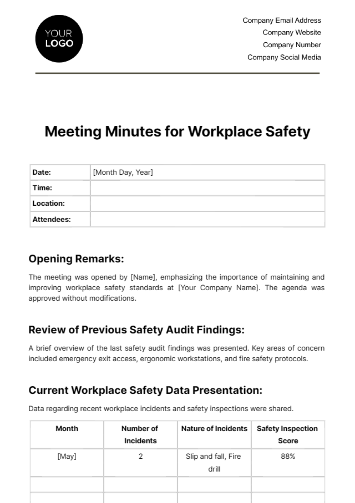 Meeting Minutes for Workplace Safety Template