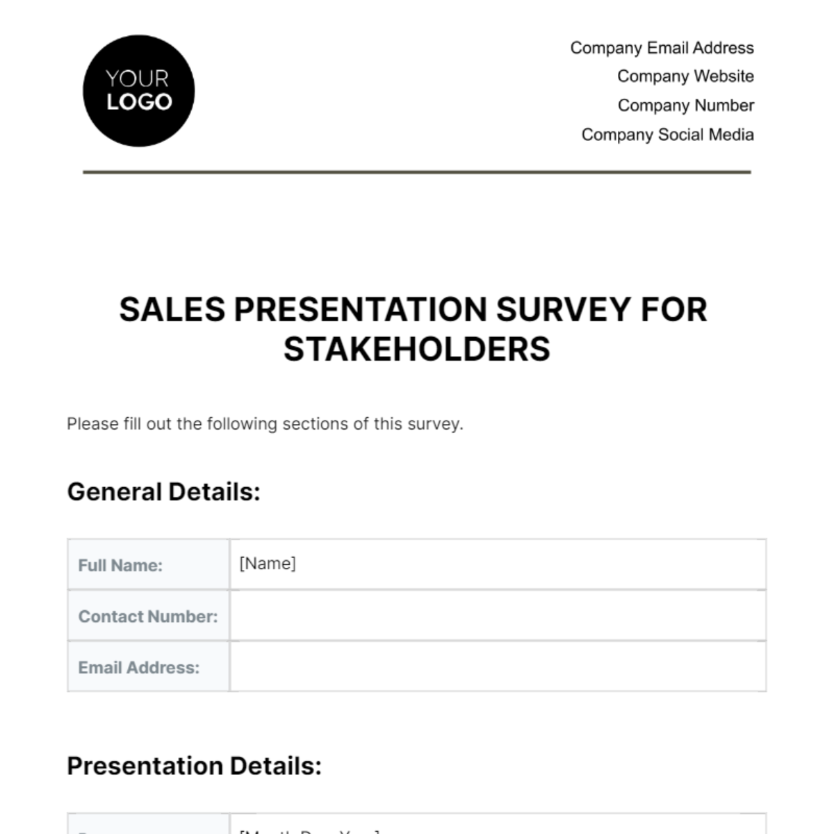 Free Sales Presentation Survey for Stakeholders Template