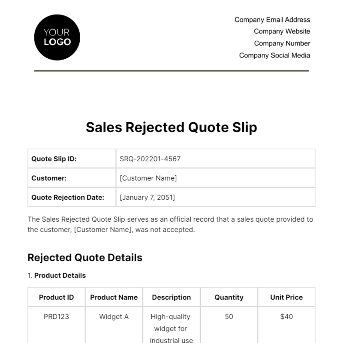 Sales Rejected Quote Slip Template