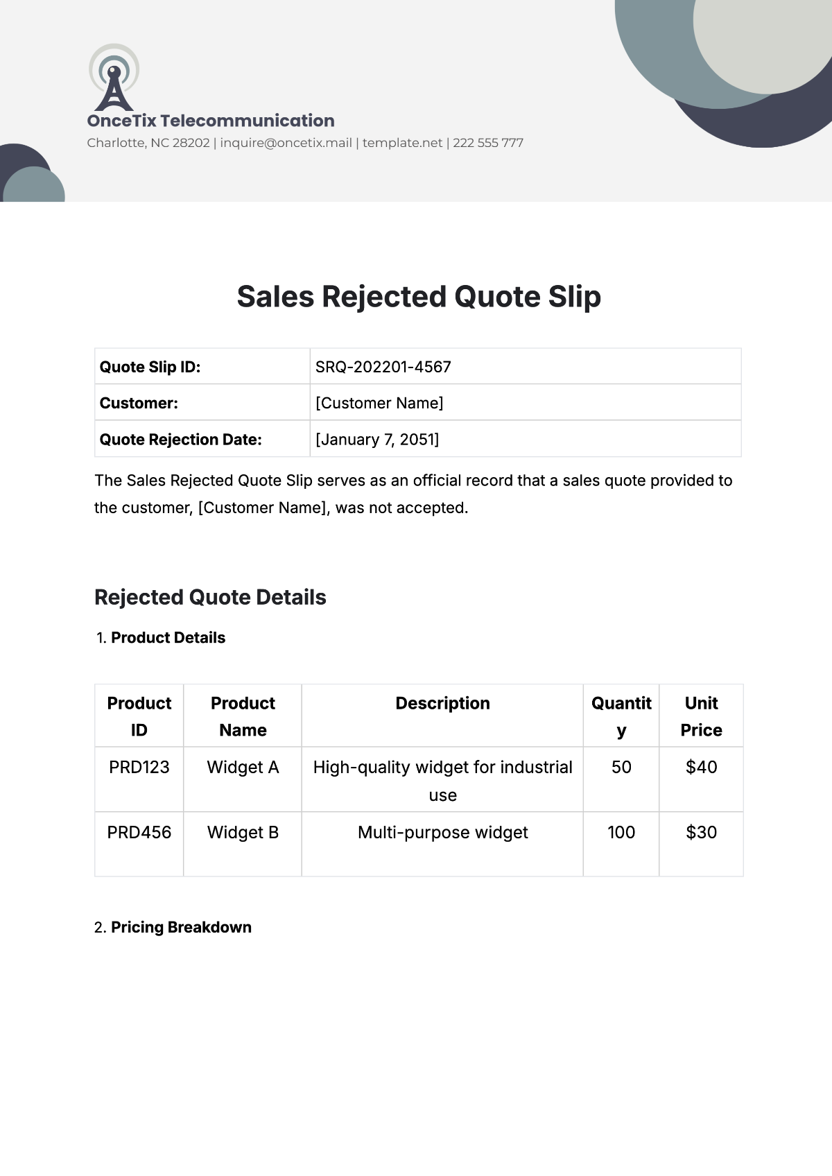 Sales Rejected Quote Slip Template - Edit Online & Download