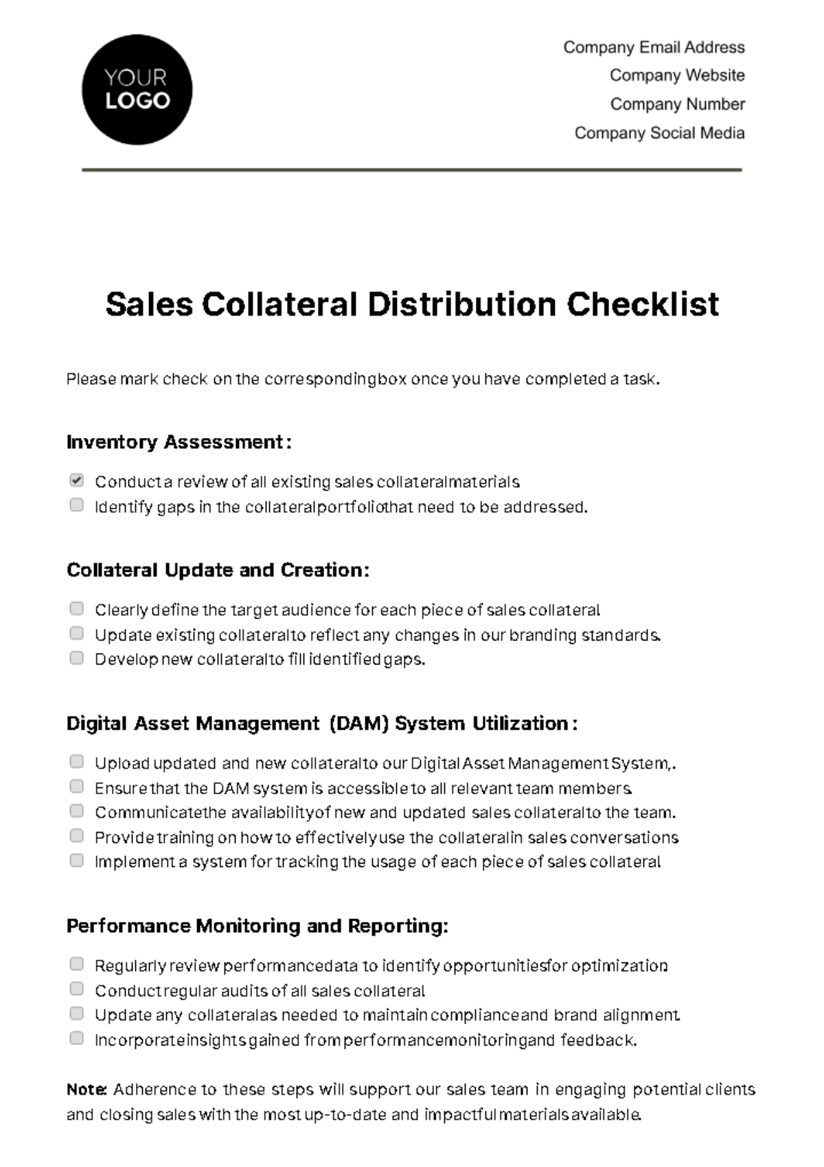 Sales Collateral Distribution Checklist Template