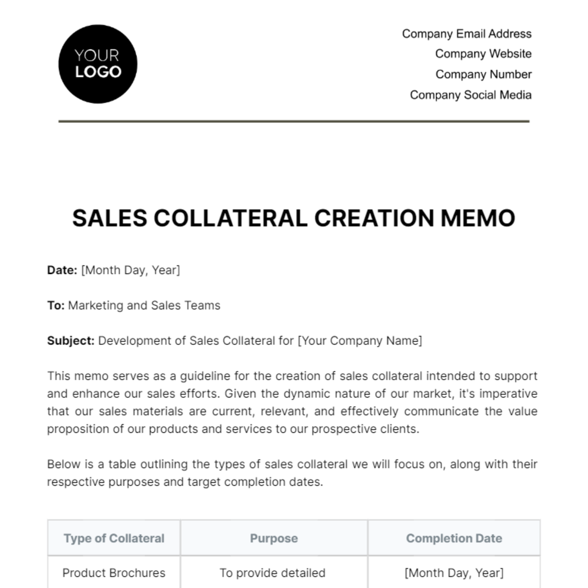 Sales Collateral Creation Memo Template