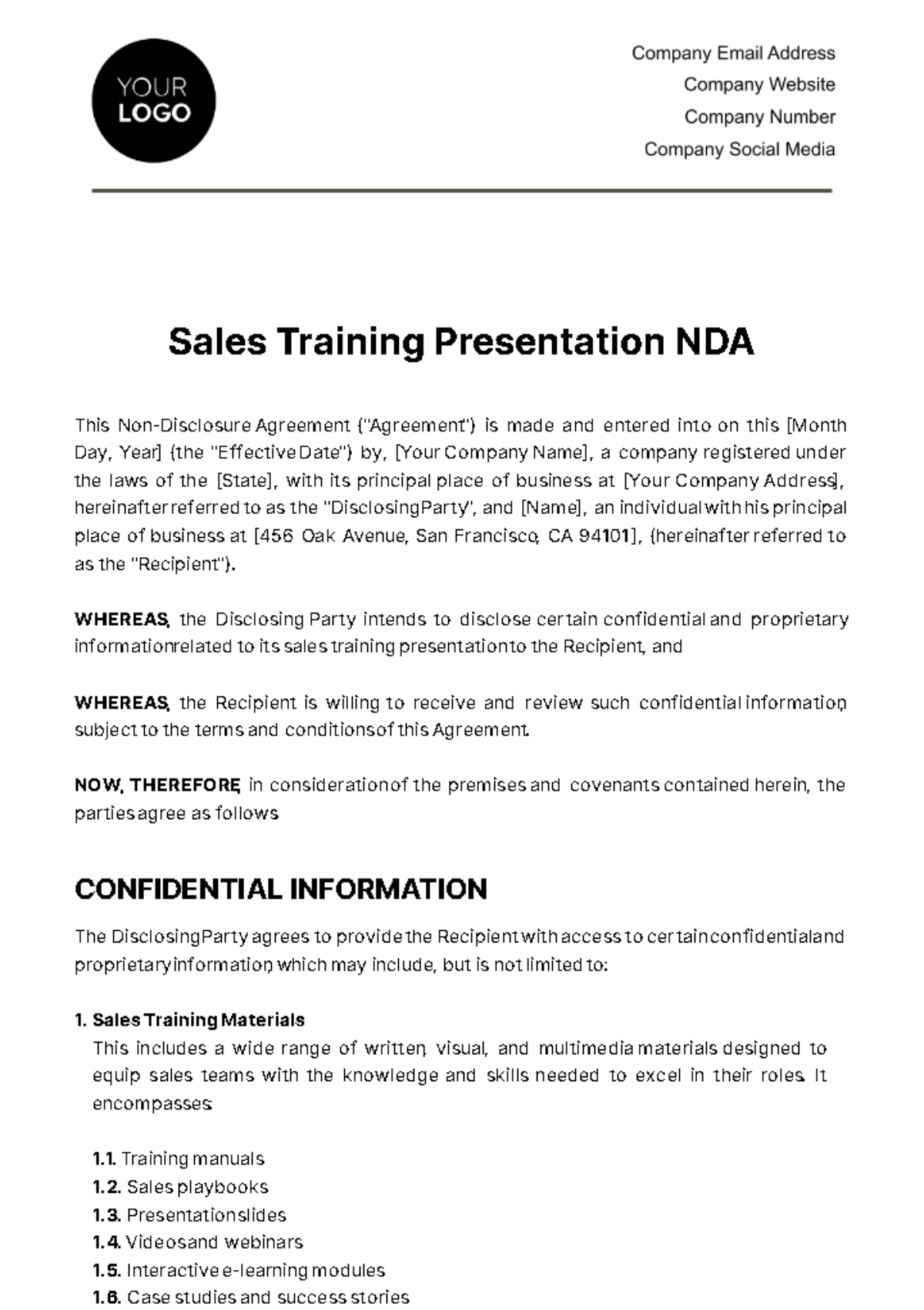 Sales Training Presentation NDA Template