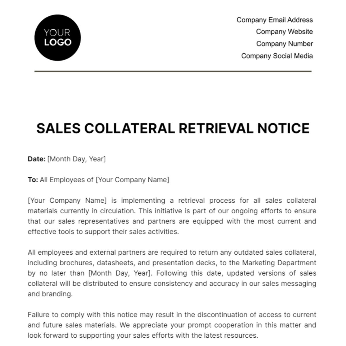 Sales Collateral Retrieval Notice Template