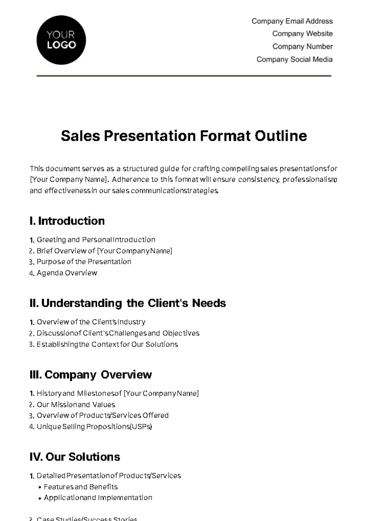 Sales Presentation Format Outline Template