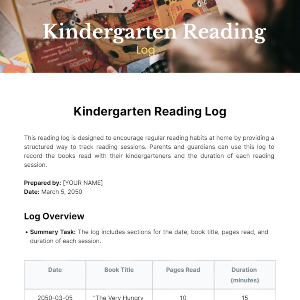 Kindergarten Reading Log Template