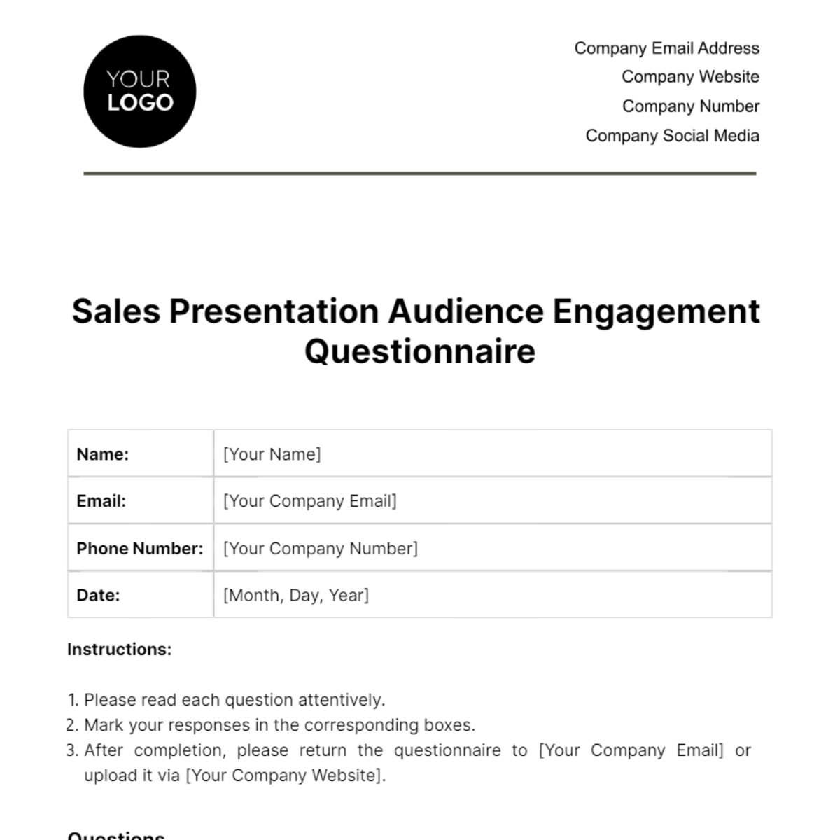 Free Sales Presentation Audience Engagement Questionnaire Template