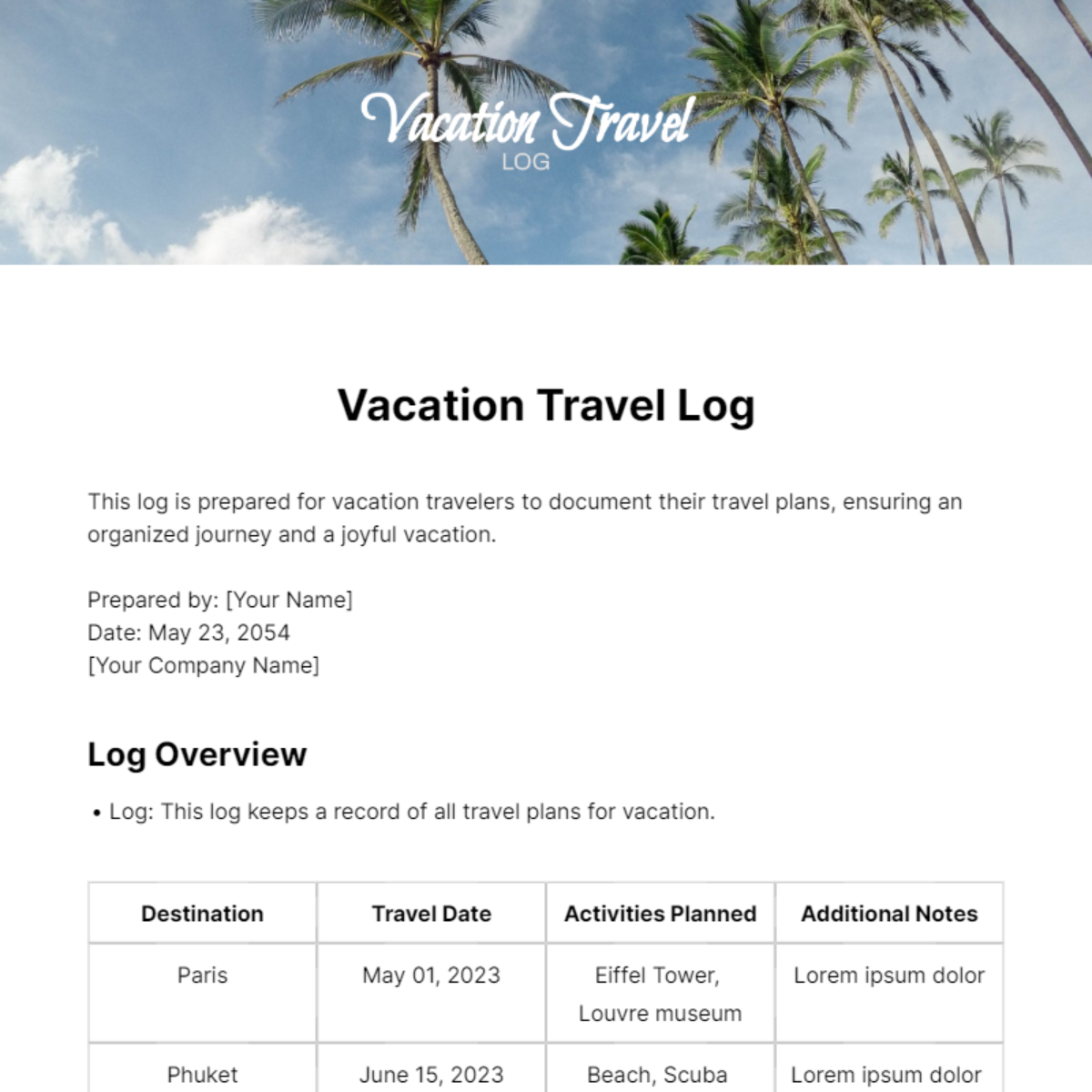 Free Vacation Travel Log Template