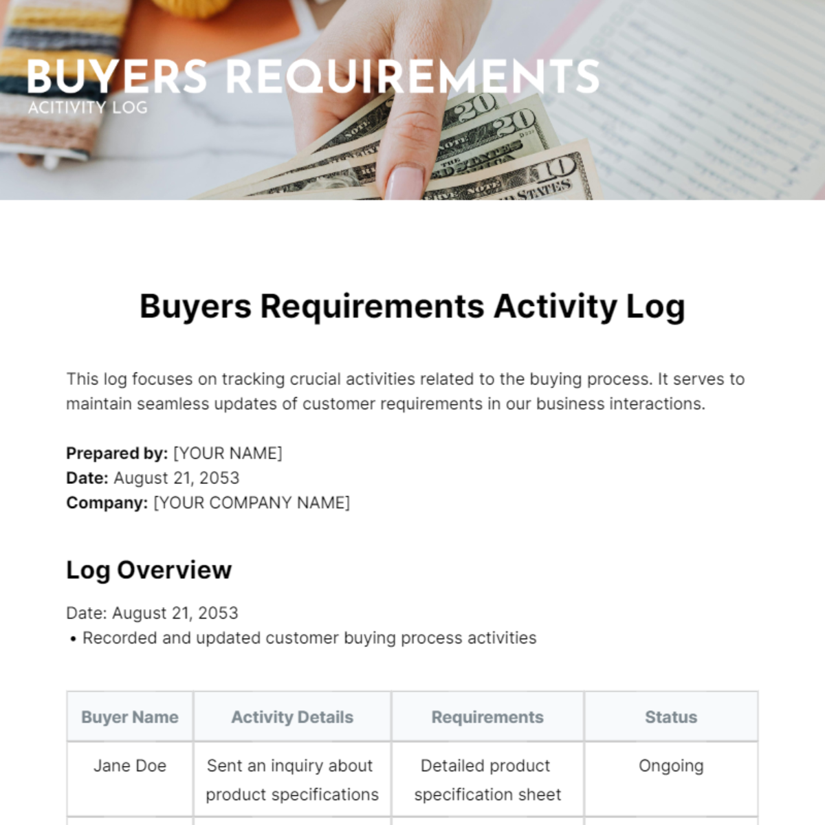 Buyers Requirements Activity Log