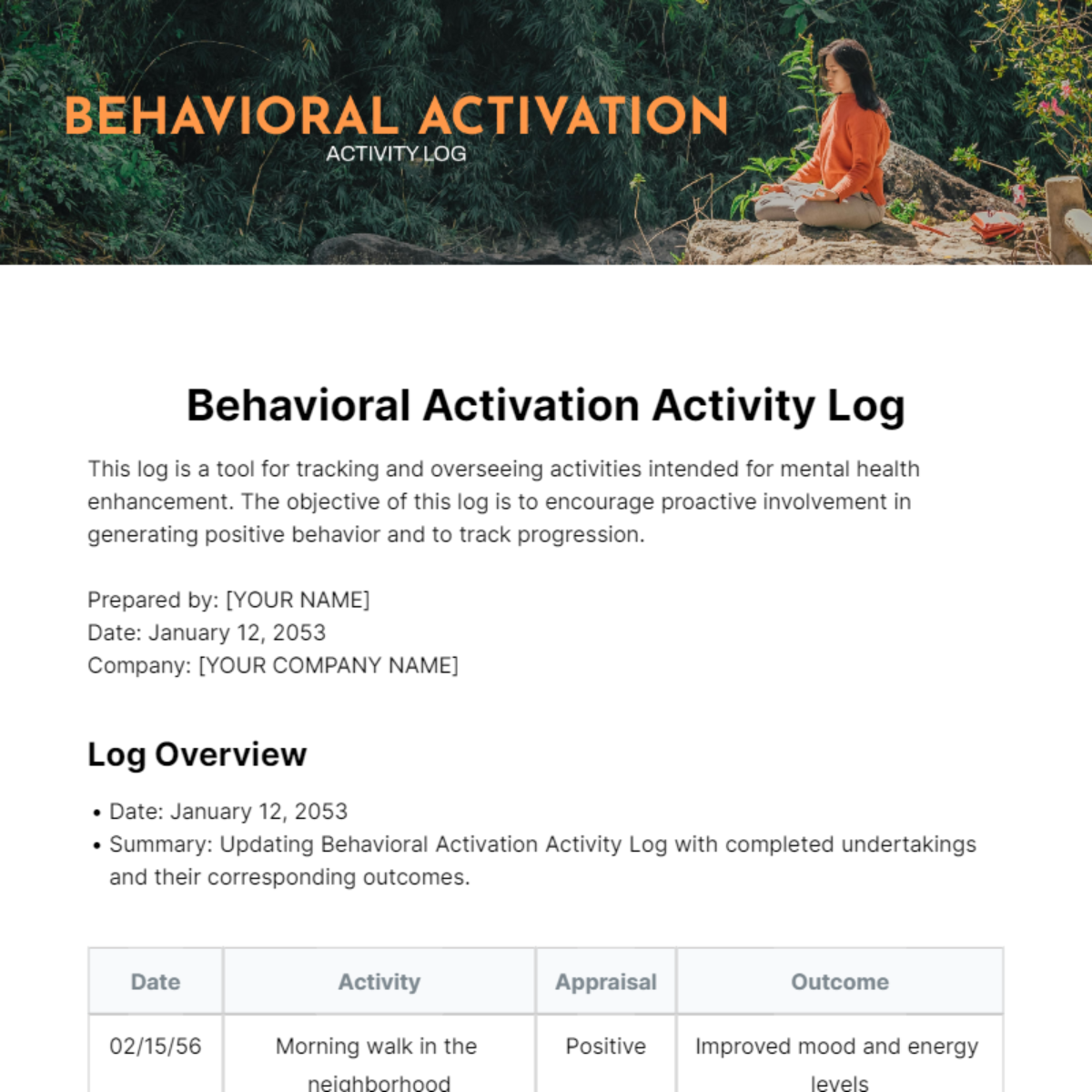 Free Behavioral Activation Activity Log