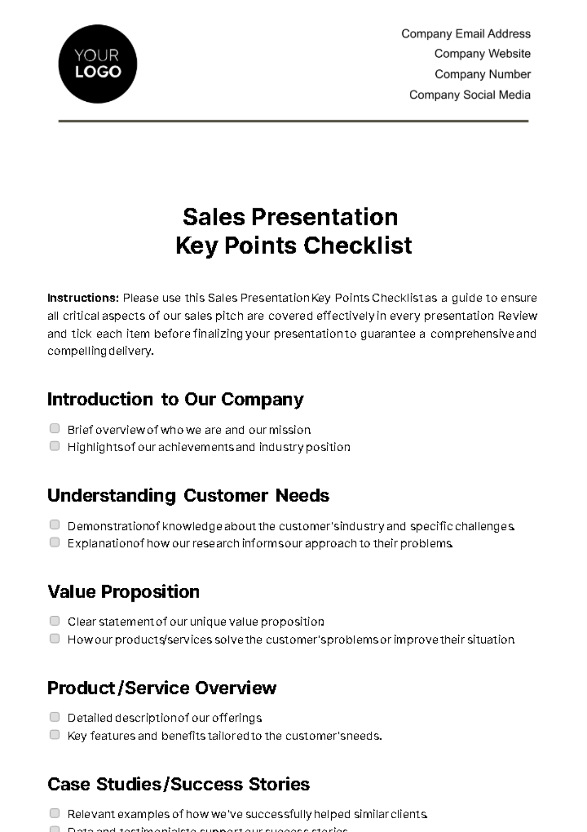 Free Sales Presentation Key Points Checklist Template