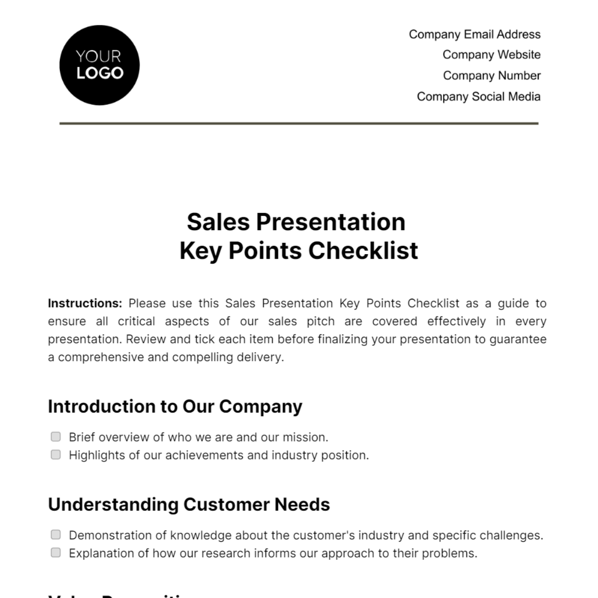 Sales Presentation Key Points Checklist Template - Edit Online & Download