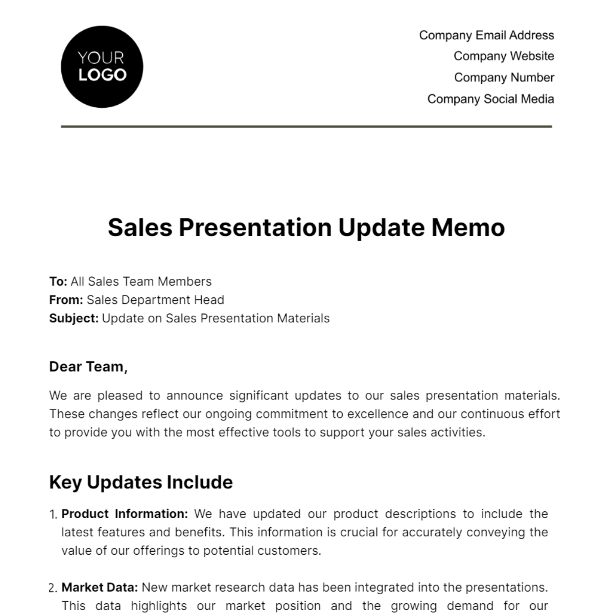 Sales Presentation Update Memo Template