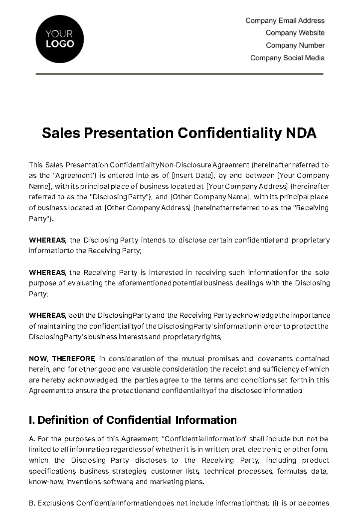 Free Sales Presentation Confidentiality NDA Template