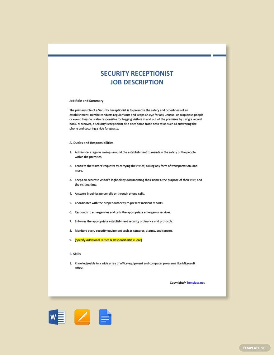 Security Receptionist Job Ad Description Template Download In Word 