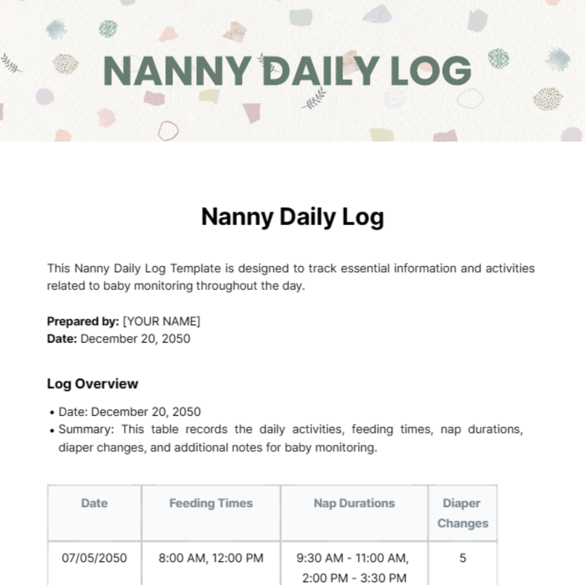 Nanny Daily Log Template