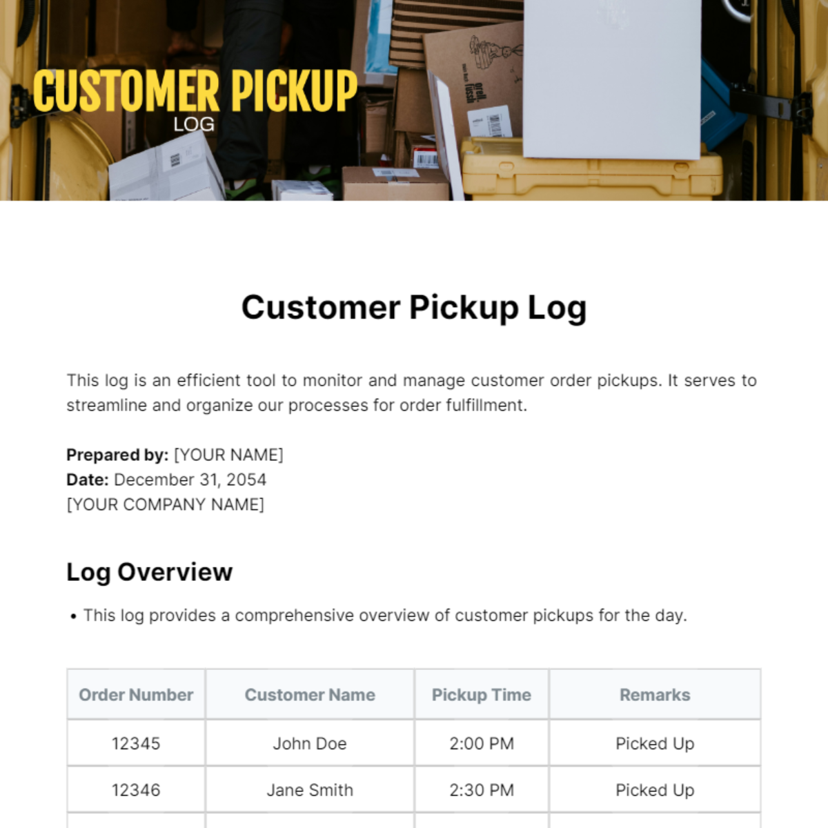 Customer Pickup Log