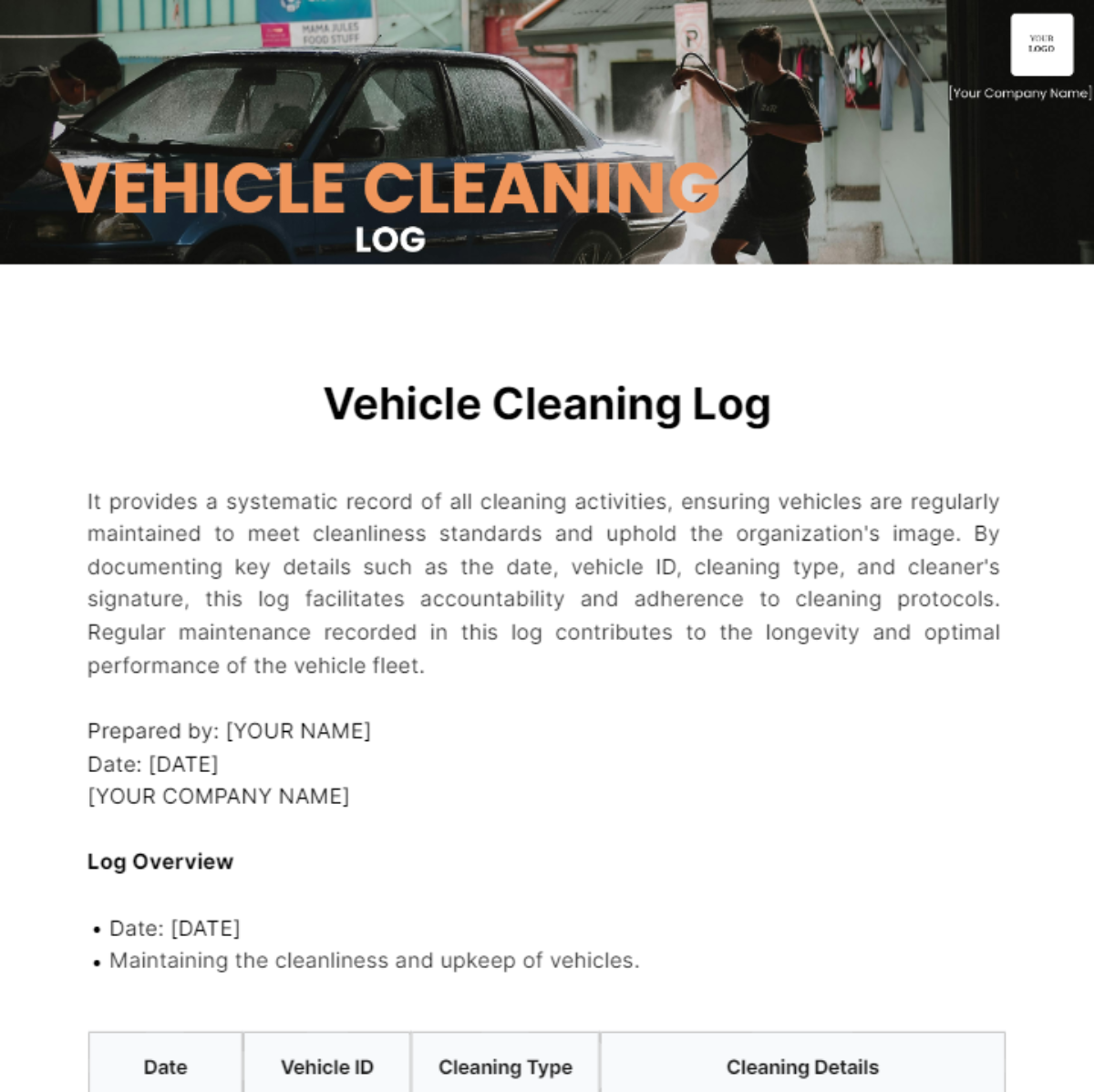 Vehicle Cleaning Log Template