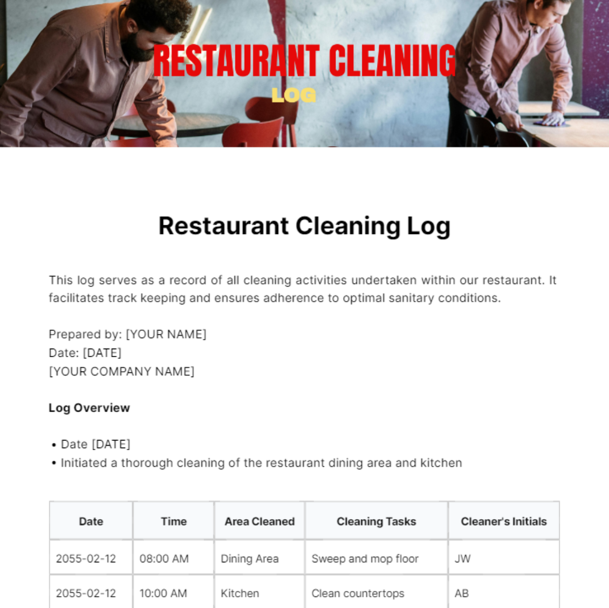 Restaurant Cleaning Log Template