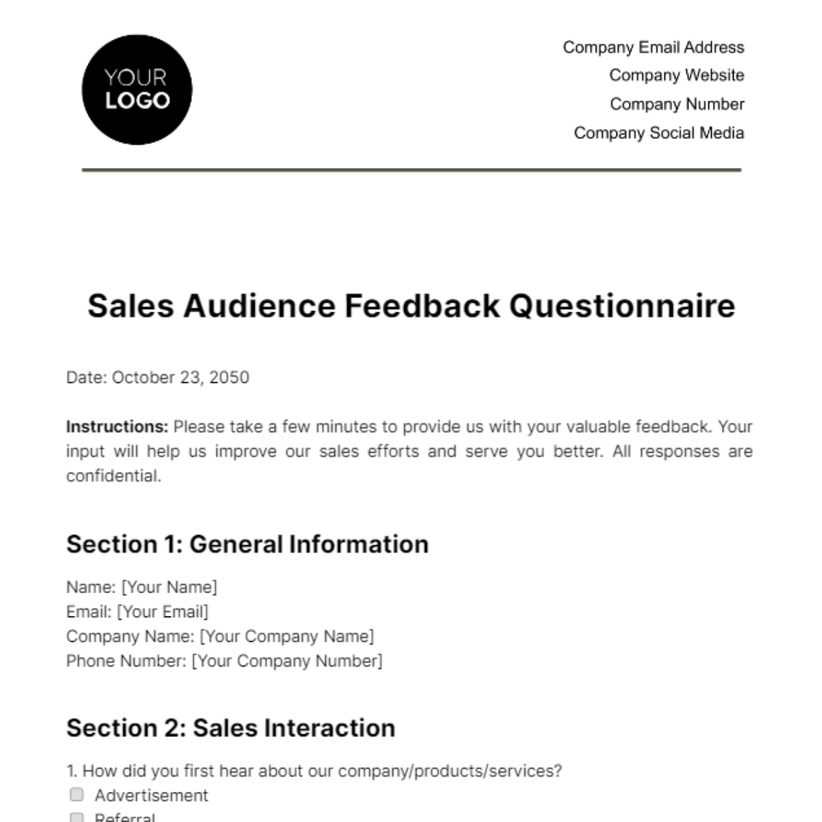 Sales Audience Feedback Questionnaire Template