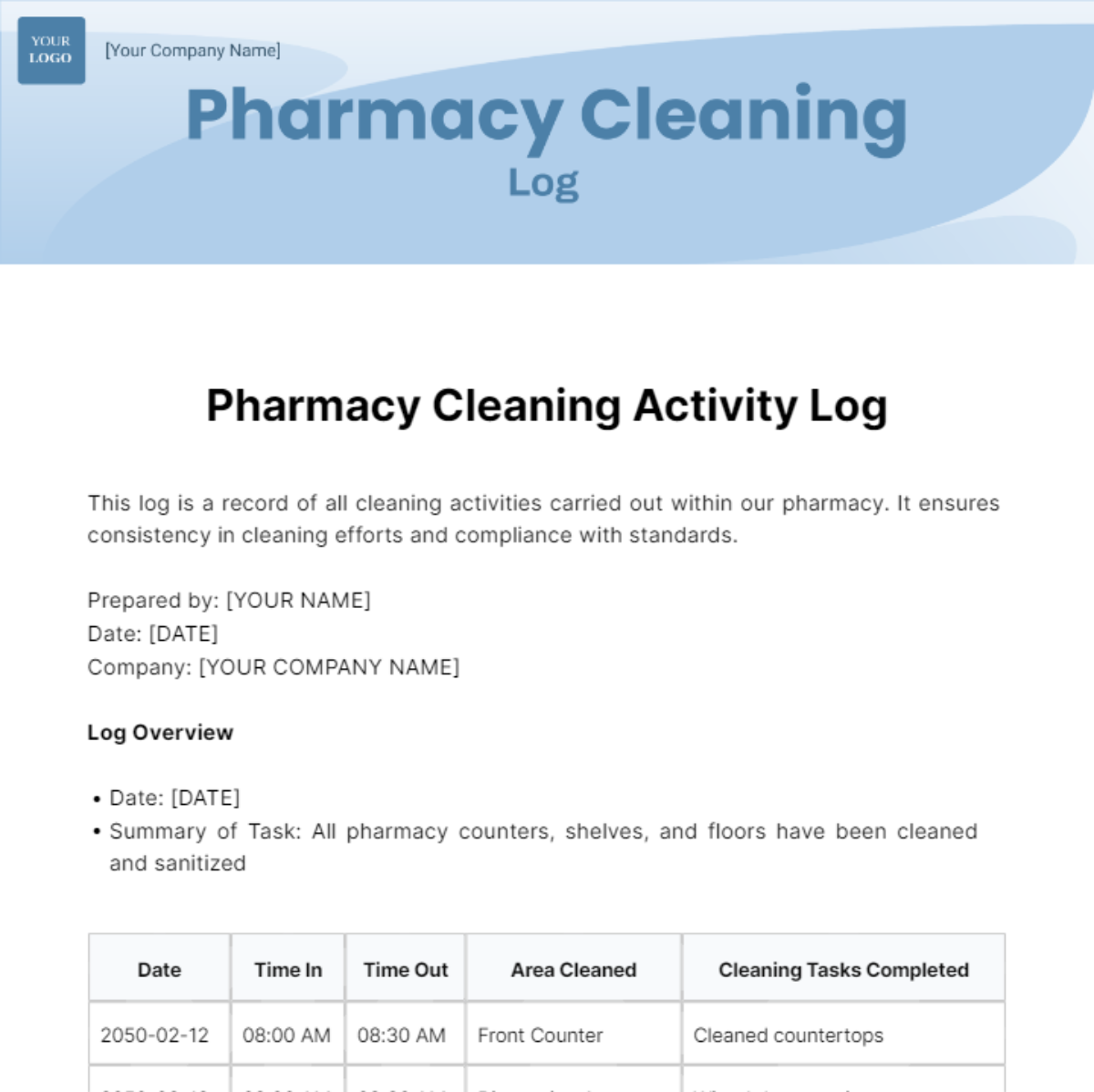 Pharmacy Cleaning Log Template