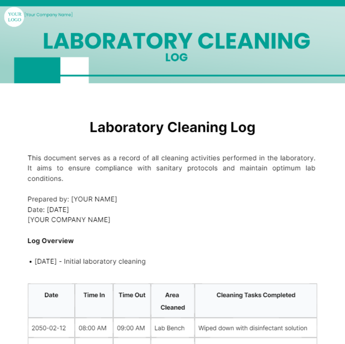 Laboratory Cleaning Log Template