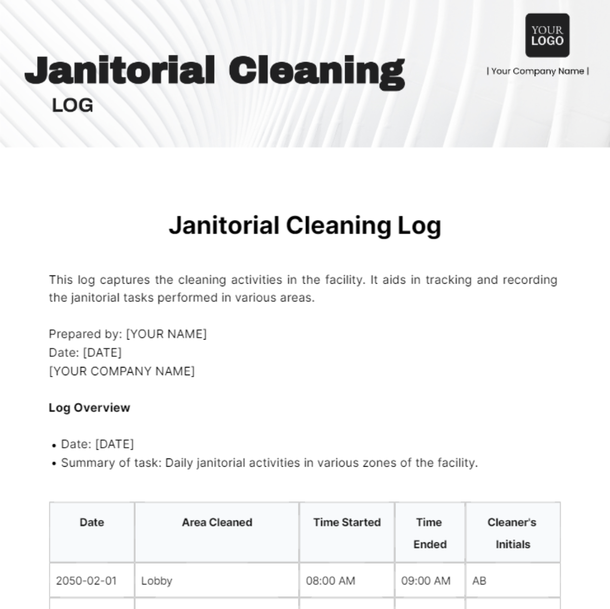 Janitorial Cleaning Log Template