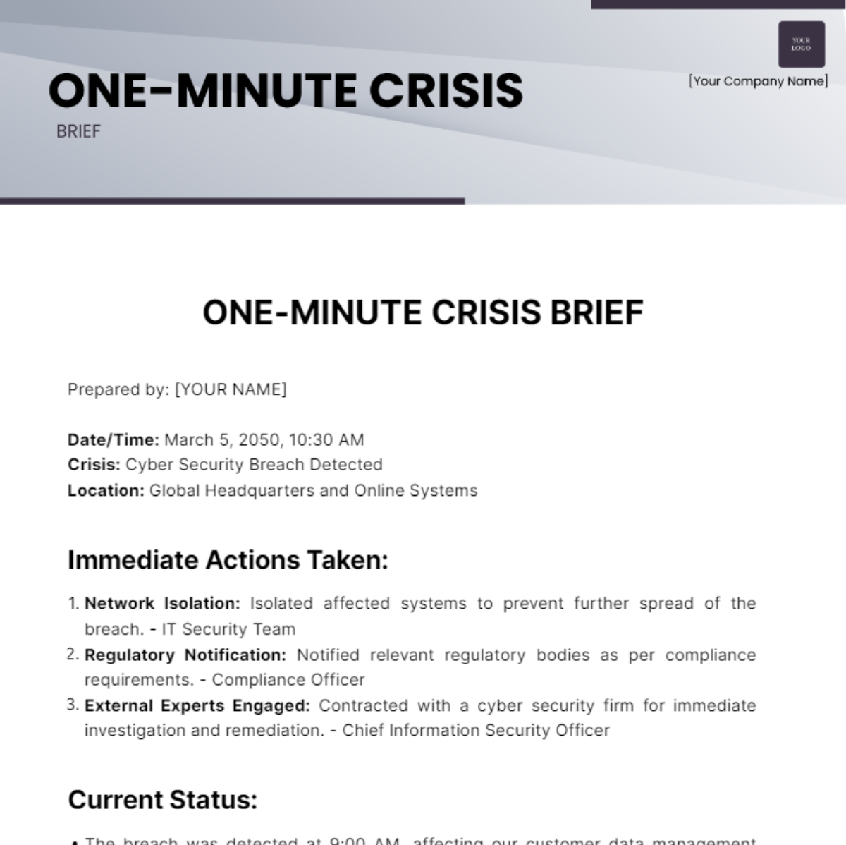 One Minute Crisis Brief Template
