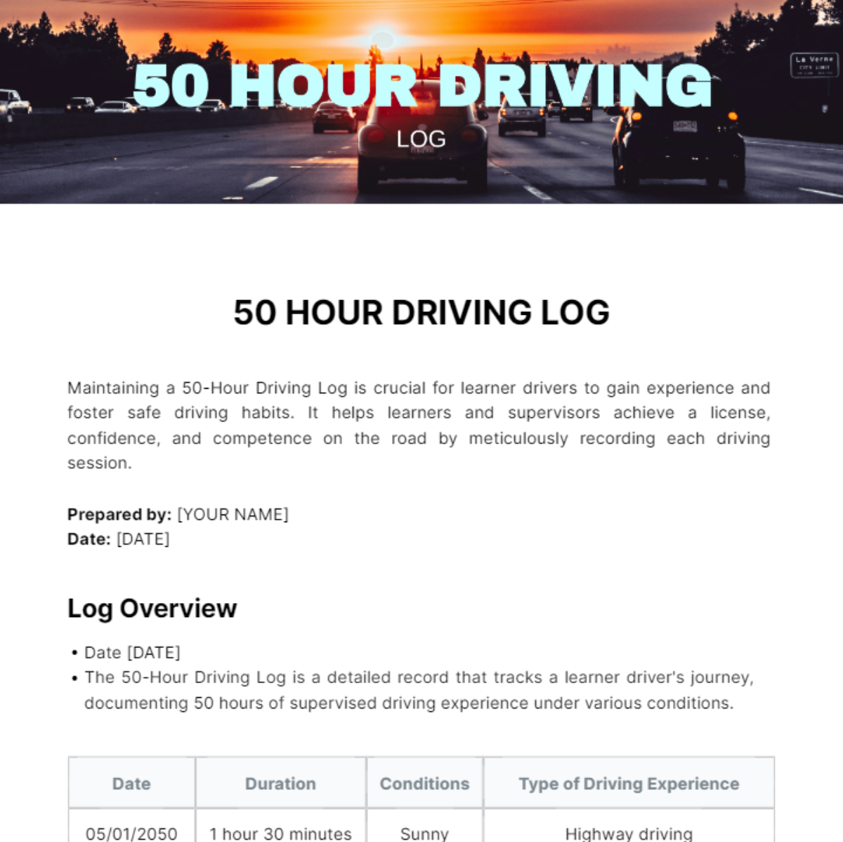 50 Hour Driving Log Template