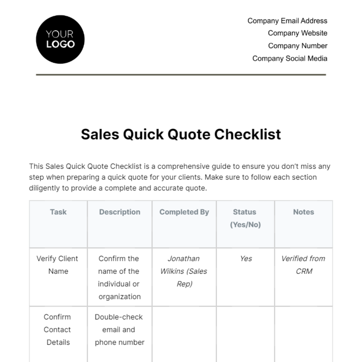Free Sales Quick Quote Checklist Template