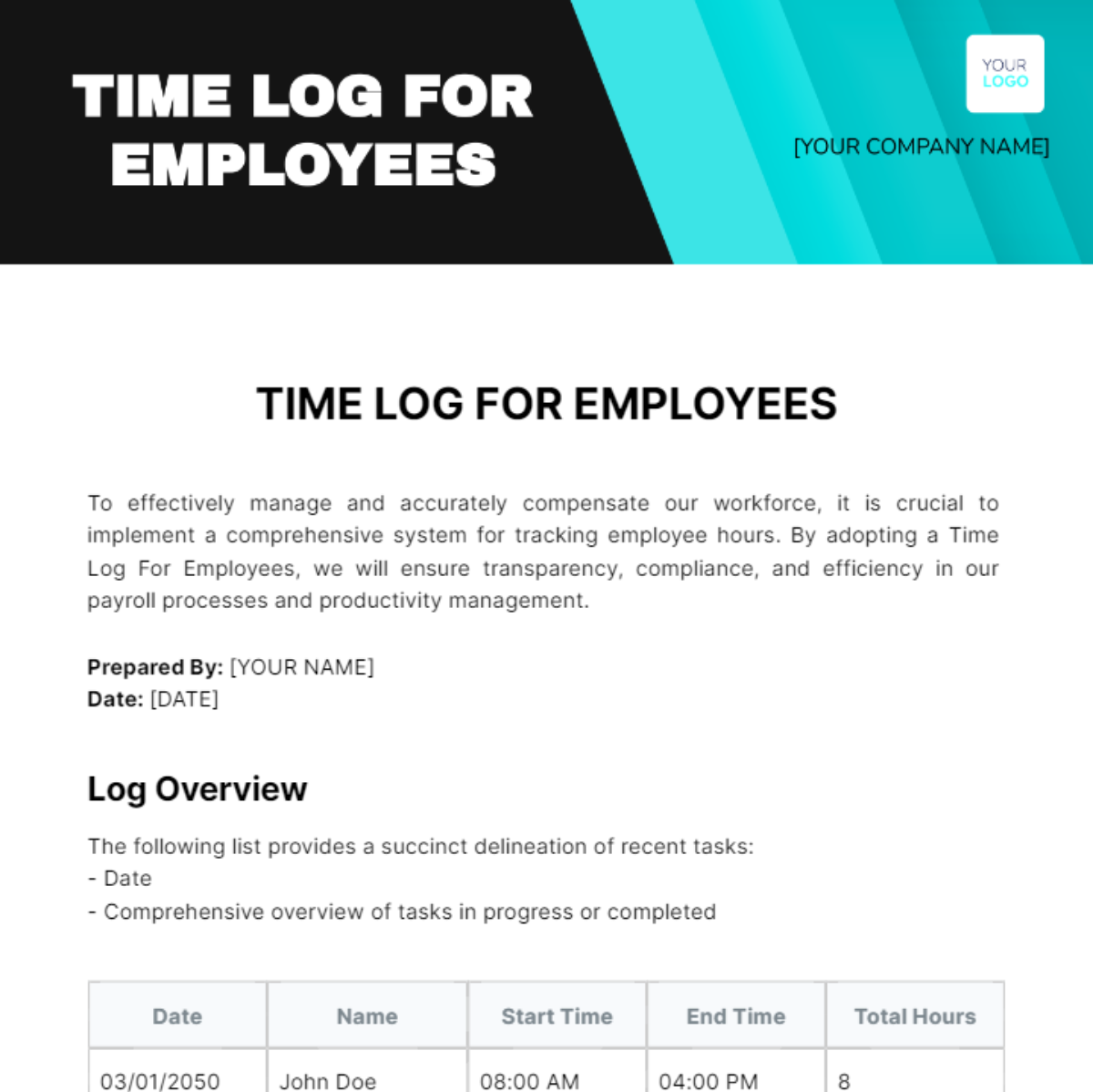 Free Time Log For Employees Template