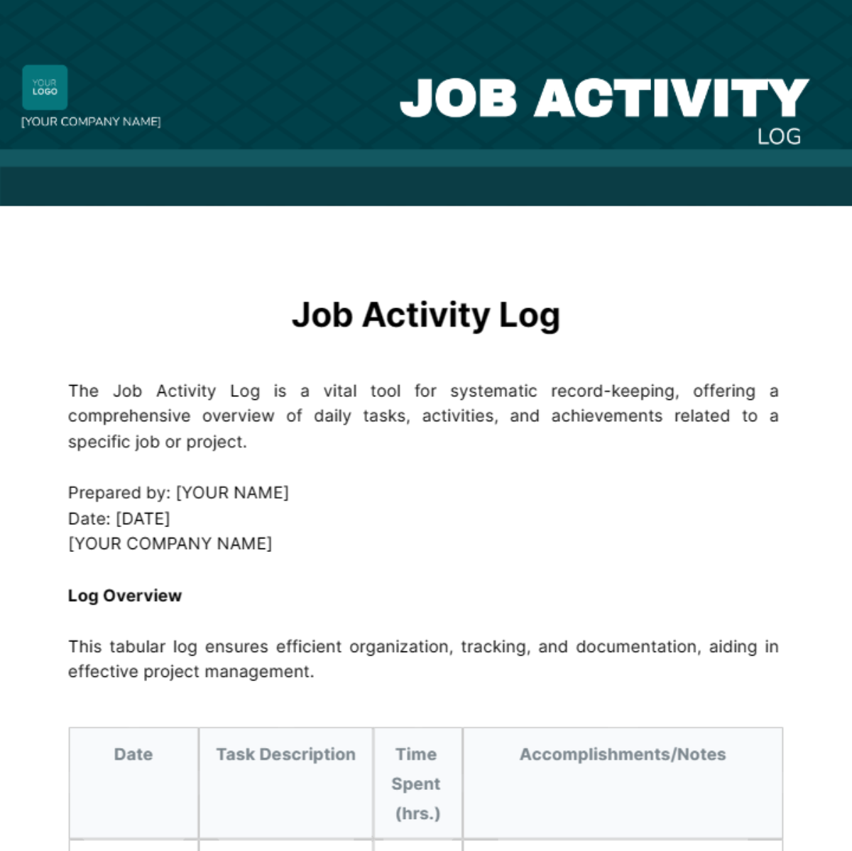 Free Job Activity Log Template