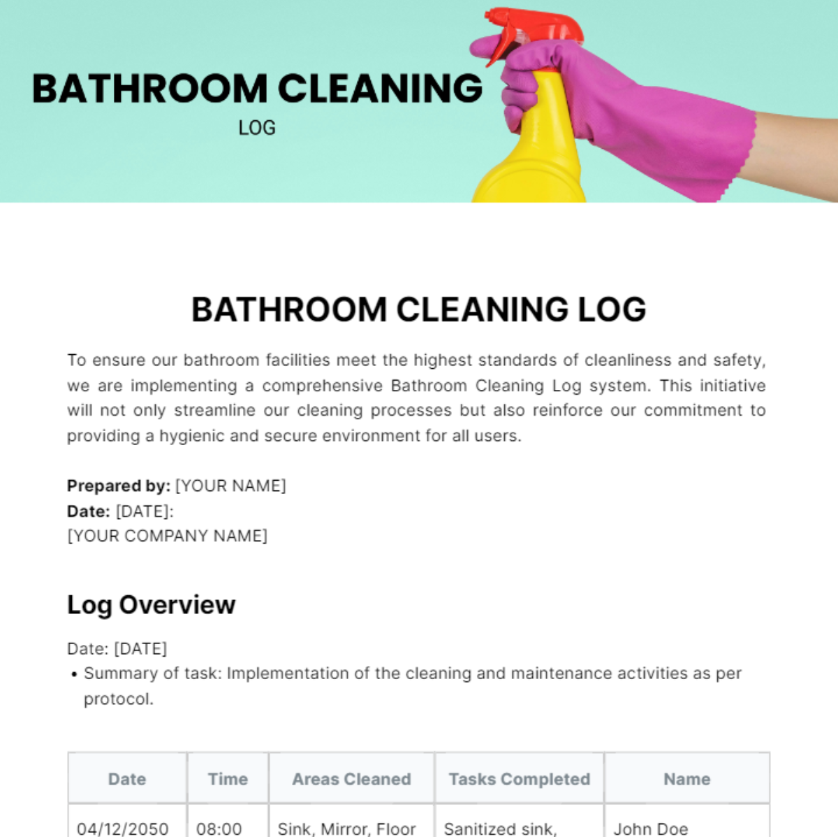 Bathroom Cleaning Log Template