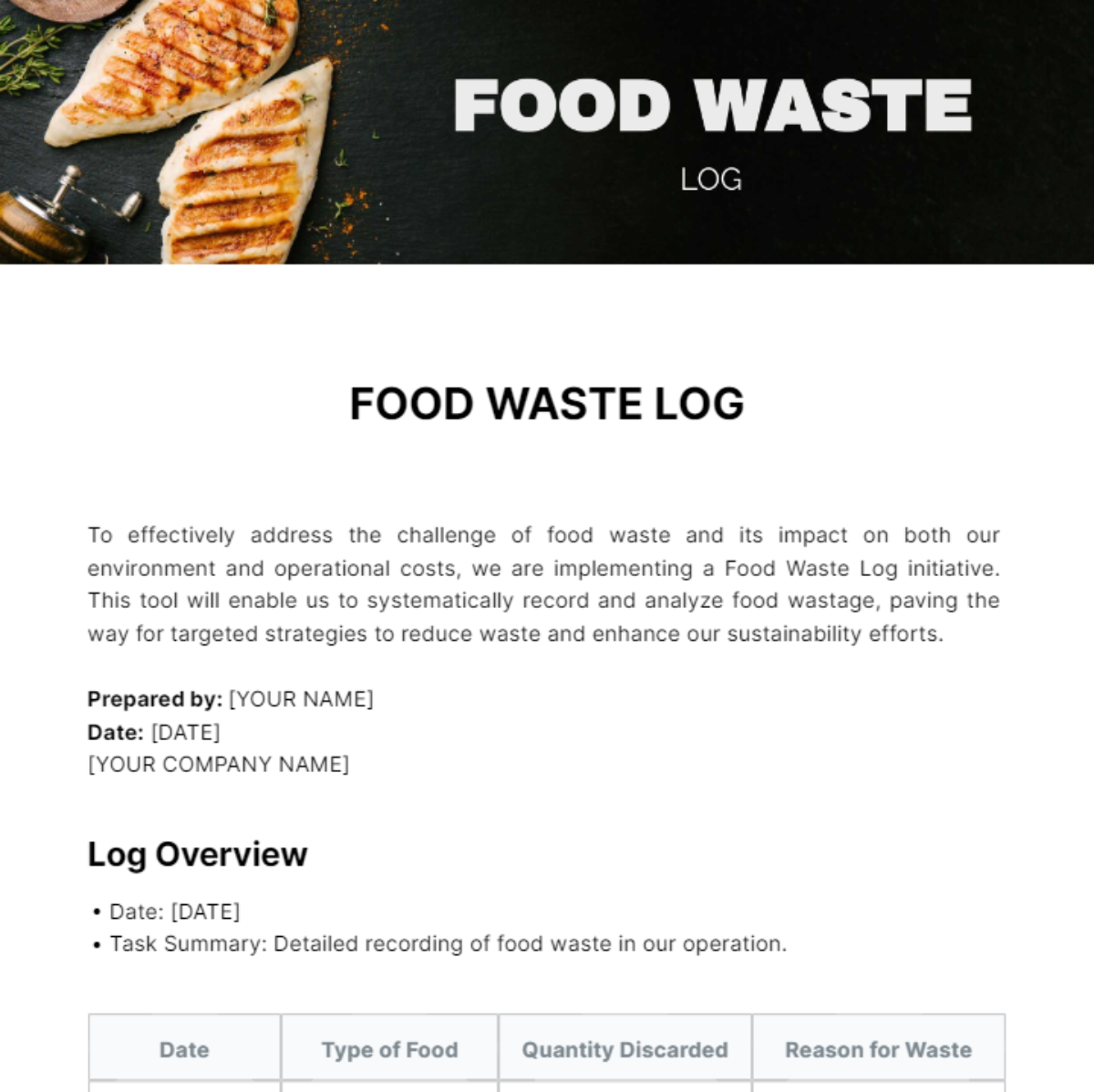 Food Waste Log Template
