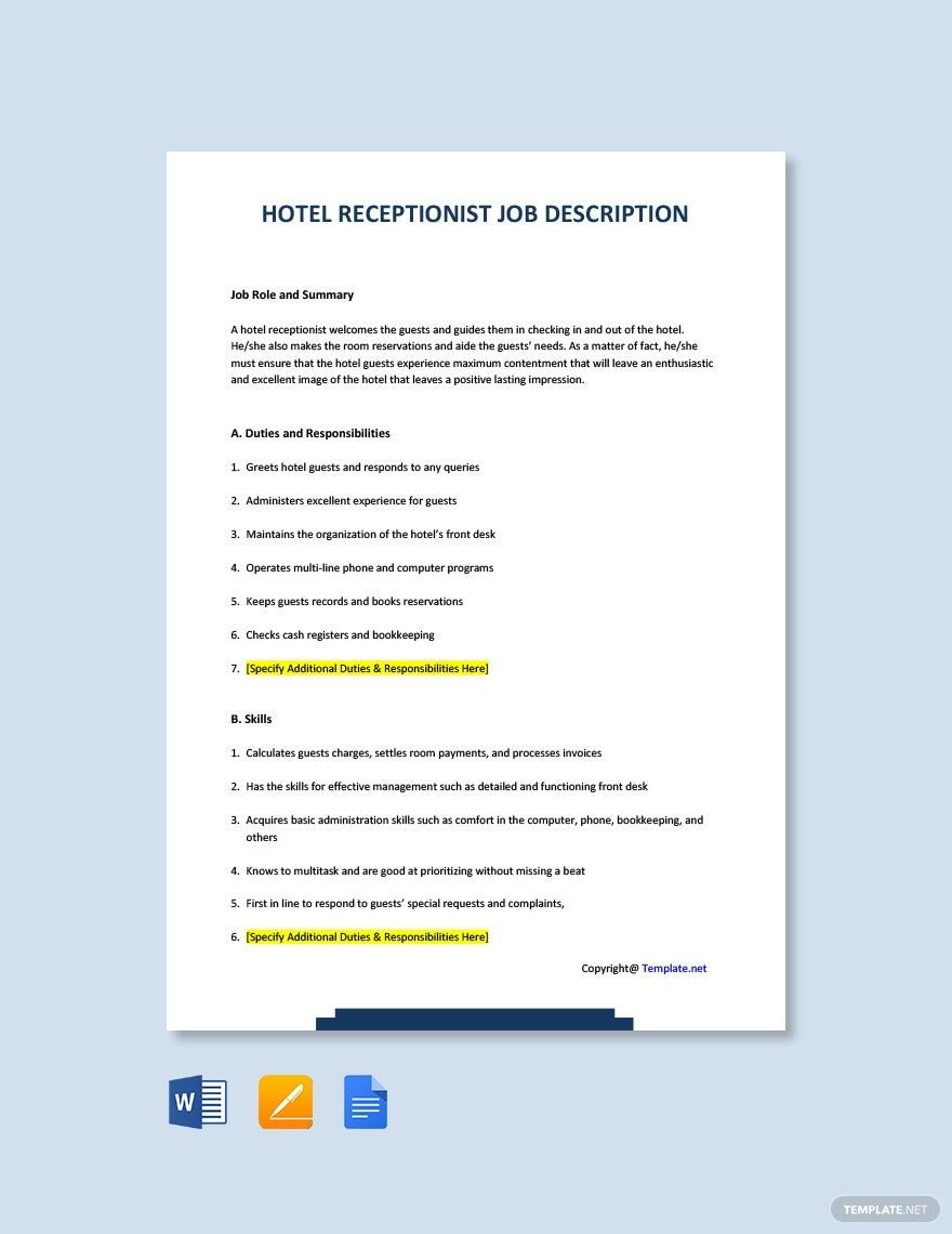 Hotel Receptionist Job Ad/Description Template