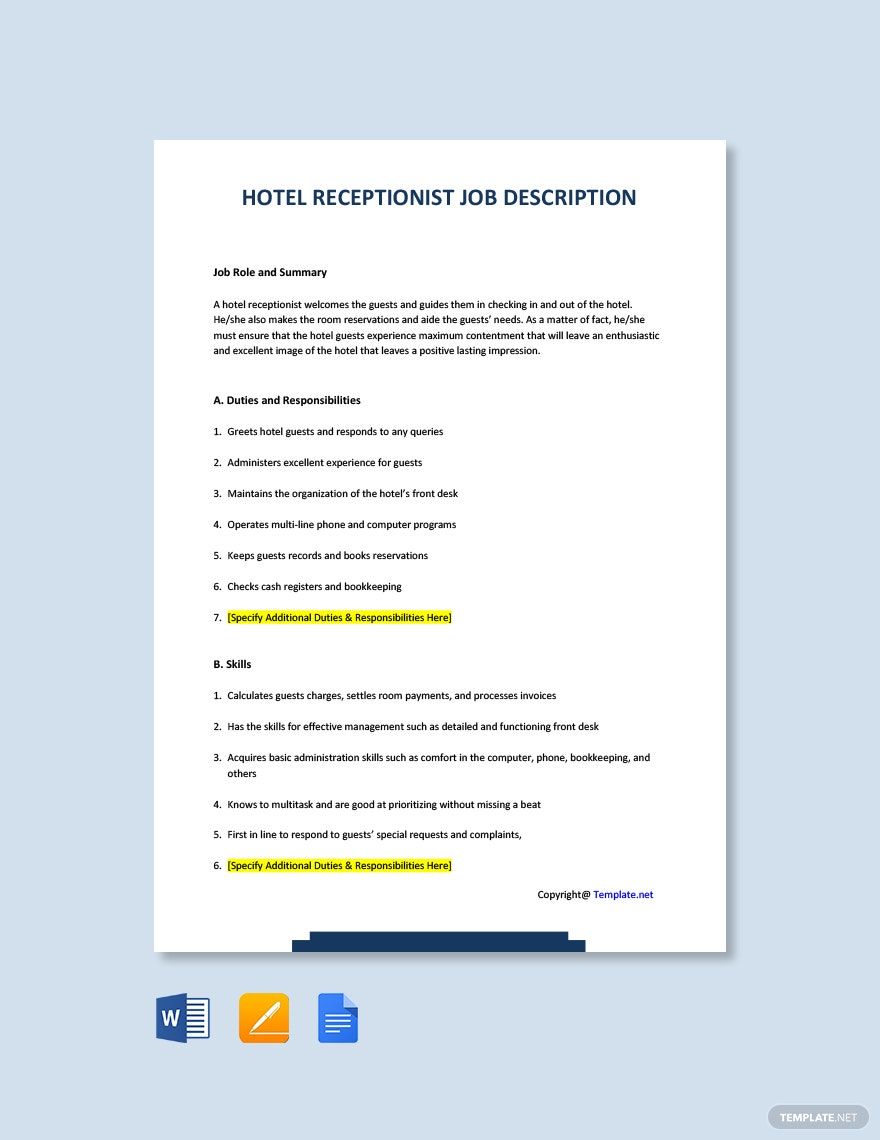 Hotel Head Receptionist Job Description