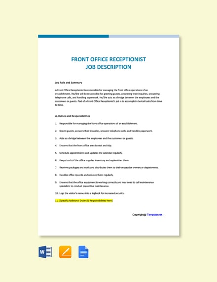 Free Front Office Receptionist Job Description Word Google Doc