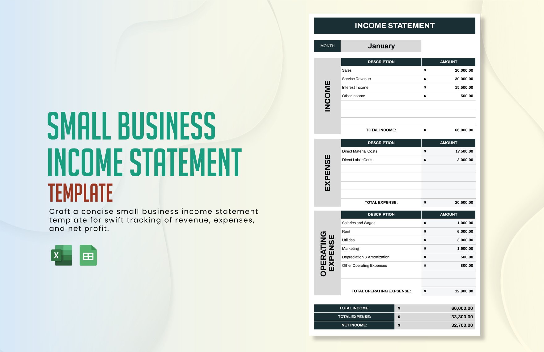 Small Business Income Statement Template in Excel, Google Sheets