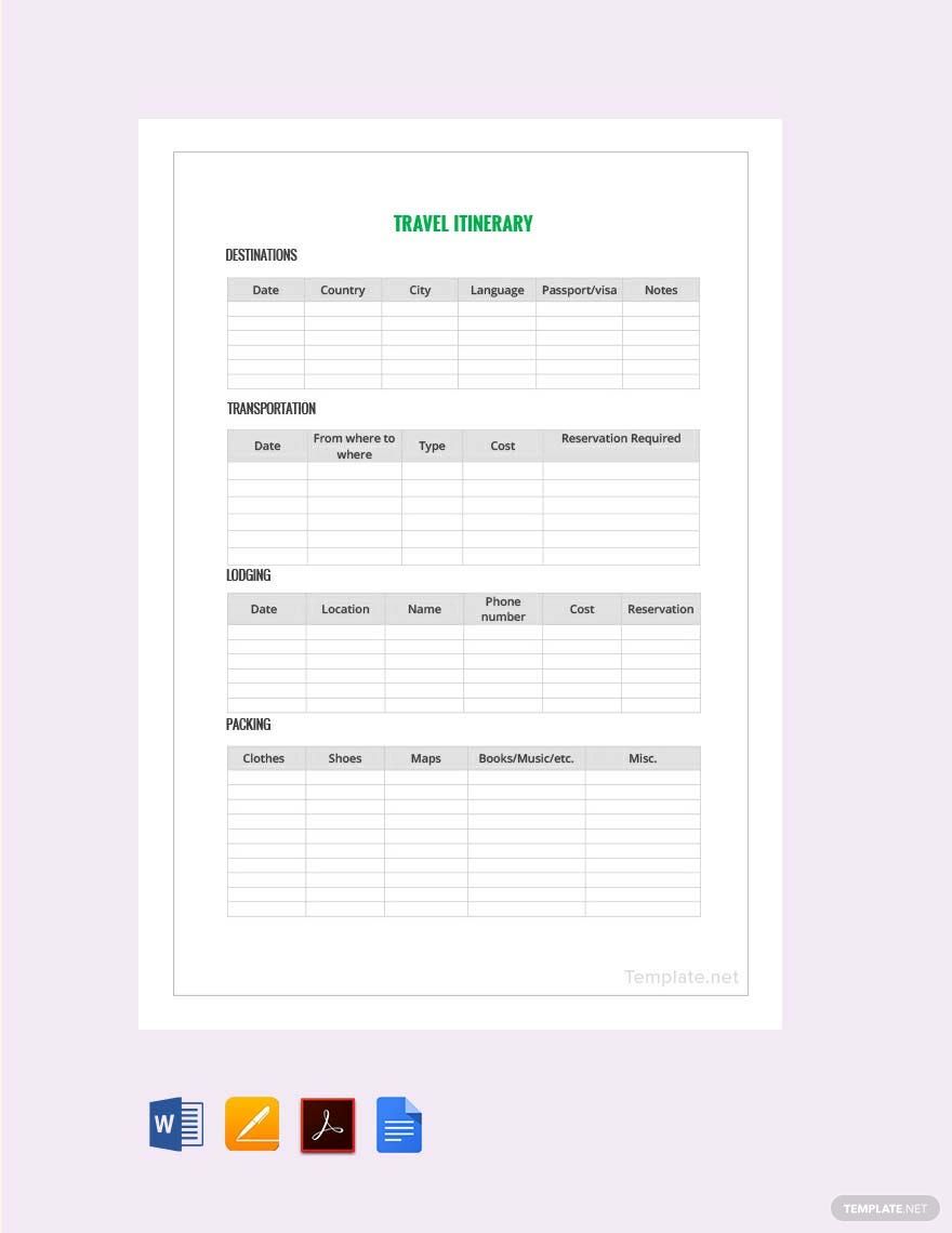 Sample Travel Itinerary Template