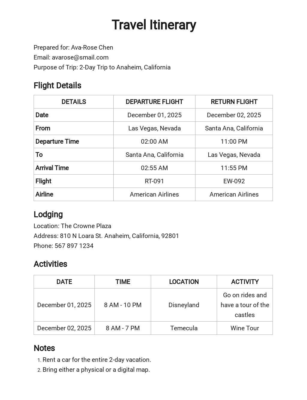 FREE Business Travel Itinerary Format Template - Word (DOC) | Excel ...