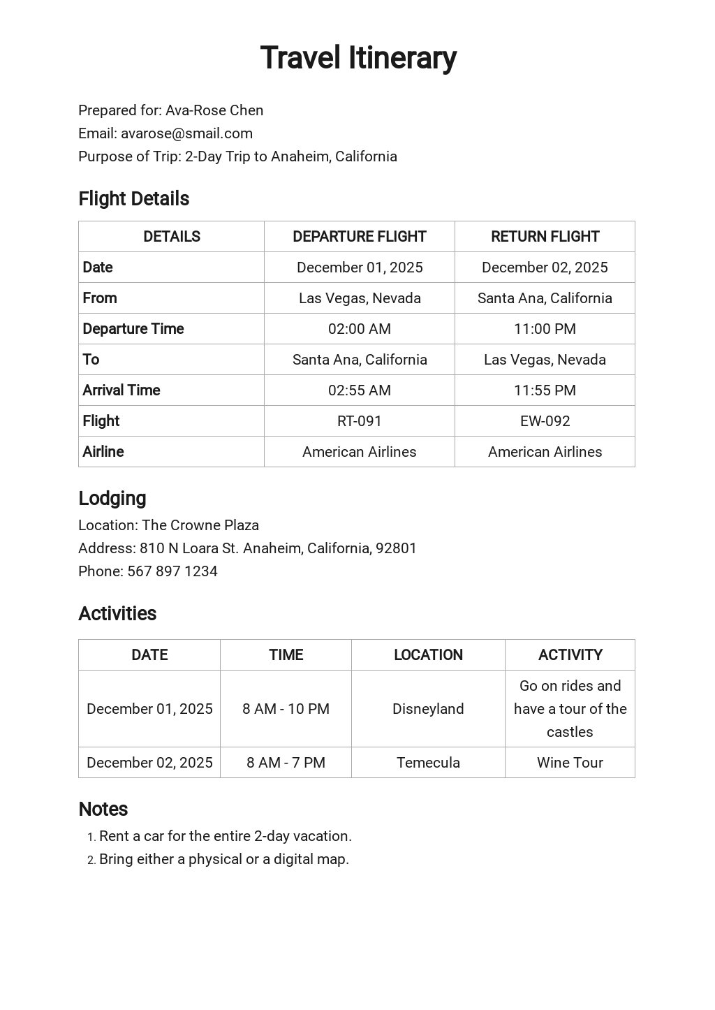travel itinerary document