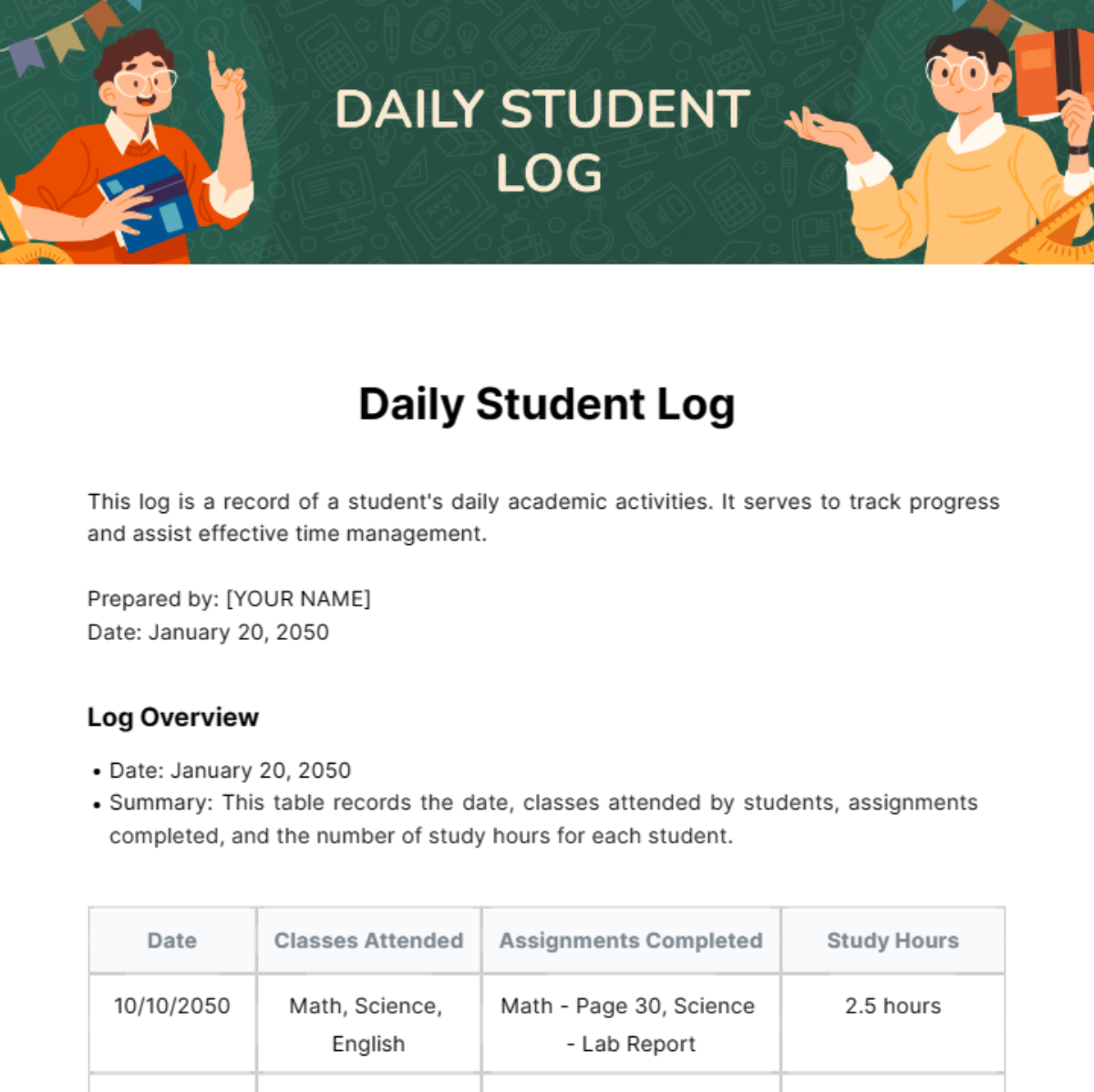 Daily Student Log Template